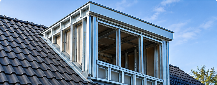 Prefab light-gauge staalframe dakkapel op een pannendak